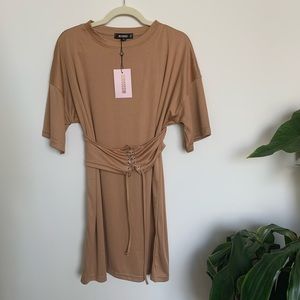Misguided Tan Tshirt dress with corset Size 6
